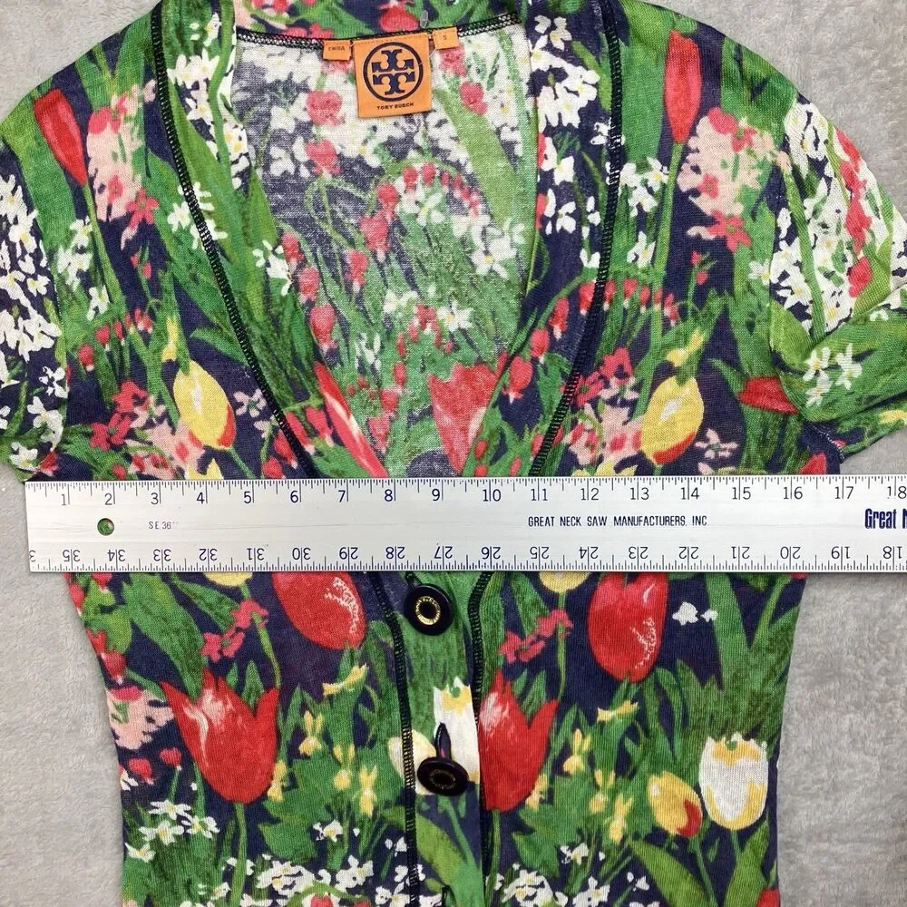 Tory Burch Linen Blend Cardigan Womens S Floral Garden Print Lightweight Preppy